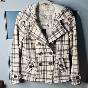 Sebby Women's Checkered Pea Coat - Gray and White Small